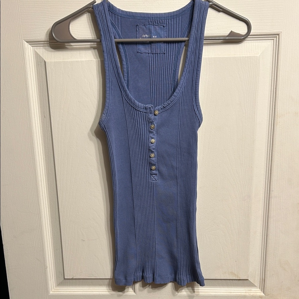 Blue Ribbed Button Up Tank Top
